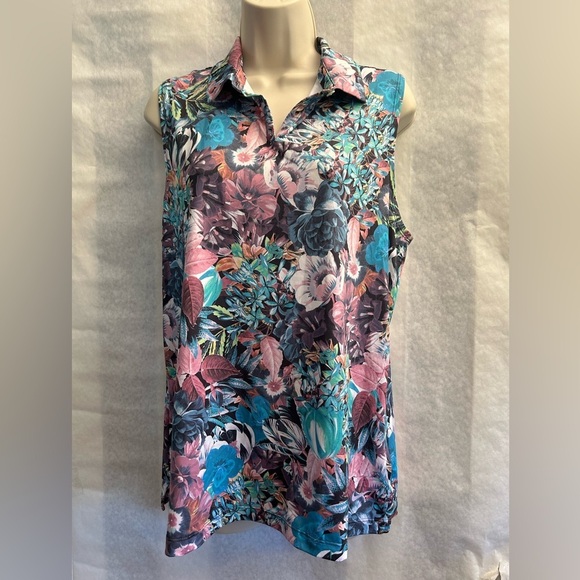 Nike Dri Fit Blue Pink floral Sleeveless Polo golf Tank Top Sz-L. H18 - Picture 3 of 10